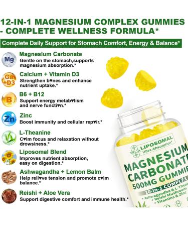 Liposomal Magnesium Carbonate Gummies 500 mg Magnesium Supplement with Ashwagandha, L-Theanine, Calcium & Vitamin D3 for Muscle & Nerve Support, Sugar-Free Vegan Pineapple Flavor (60 Count) 1P 60 Count (Pack of 1) - Buy Online on GoSupps.com