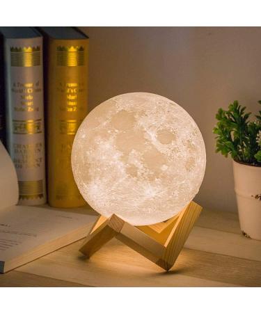 Methun 3D Moon Lamp with 5.9 Inch Wooden Base - LED Night Light Mood Lighting with Touch Control Brightness for Home D cor Bedroom Gifts Kids Women Christmas New Year Birthday - White & Yellow 5.9 inches