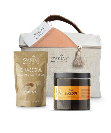 Zakia's Ultimate Moroccan Bath & Shower Set - 100% natural Orange Blossom Moroccan "Beldi" Black Soap Body Scrub Pure & Natural Purifying Cleansing exfoliating for Hammam Ritual