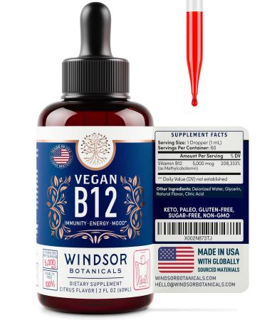 Vegan Vitamin B12 Liquid - Max Strength B12 Vitamins 5000 mcg Methylcobalamin Supplement - Liquid Vitamin B12 Sublingual Drops - Liquid B12 Vitamins Mood Energy Support - Citrus Flavor B 12 2oz