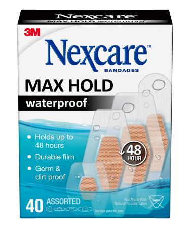 Nexcare Max Hold Waterproof Bandages, Contours to hard-to-fit places, like heels, the hand, knees, and fingers, 40 ct Assorted 40 Assorted