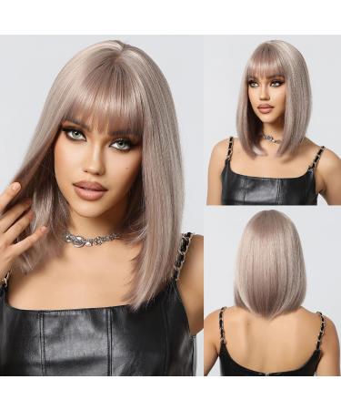 OUFEI Ash Blonde Bob Wig With Bangs Short Straight Wig For Women Synthetic Hair Wigs for Daily Party Cosplay Wear Ash Blonde(1123-1)