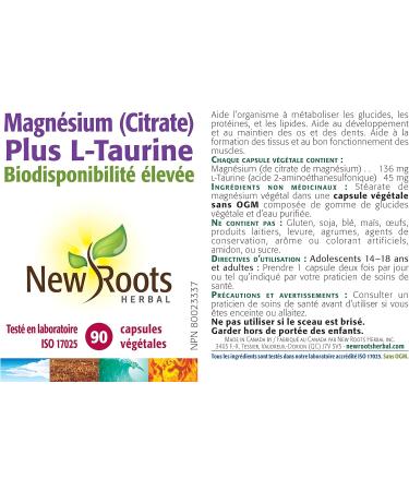 New Roots Herbal - Magnesium Citrate Plus L-Taurine - 90 Capsules - Magnesium Taurine Supplement - Teeth Health & Brain Health Supplements for Adults - Blood Pressure Support & Nervous System Support 90 count (Pack of 1) Magnesium Citrate Plus - Buy Online on GoSupps.com