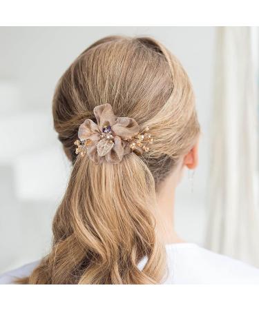 Nuorest 2PCS Mesh Flower Elastic Hair Ties with Leaf Embroidery and Rhinestones - Champagne Ponytail Holders for Women and Girls - Elegant Hair Accessories for Parties and Daily Use - Buy Online on GoSupps.com