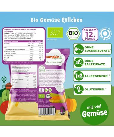 Pumpkin Organics Children's Bio Vegetable Snack R llchen - Allergen-Free Gluten-Free (8-Pack) for Babies 12+ Months - Healthy Crispy Treats - Buy Online on GoSupps.com