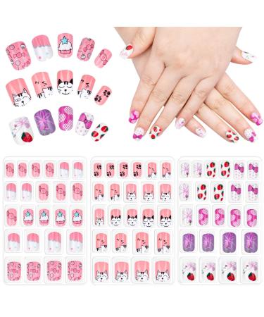 72 pieces of nails to stick on for children self -adhesive artificial fingernails set false artificial nails for girls little hands women strawberry kitten and ice cream - Buy Online on GoSupps.com