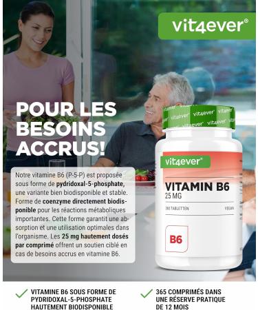 Vitamin B6 P-5-P - 365 Tablets - Hchdosed to 25 mg (Pyridoxal-5-phosphate) - Premium: Vitamin B6 Bioactive - No Additives - Vegan - Buy Online on GoSupps.com