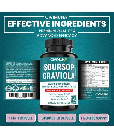 Soursop Graviola Extract Capsules 9450mg - 120 Capsules | 4 Months Supply with Elderberry and Turmeric Curcumin - Buy Online on GoSupps.com
