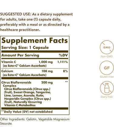 Solgar Ester-C Plus 1000mg Vitamin C Capsules - Gentle & Non-Acidic Formula for 24-Hour Immune Support - Non-GMO Gluten Free - 100 Servings - Buy Online on GoSupps.com