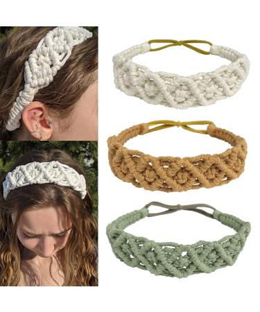 Hixixi 3PCS Handmade Knit Crochet Headbands Elastic No Slip Macrame Boho Hairband for Women Girls Wide Top Knot Turban Hair Bands Cotton rope A