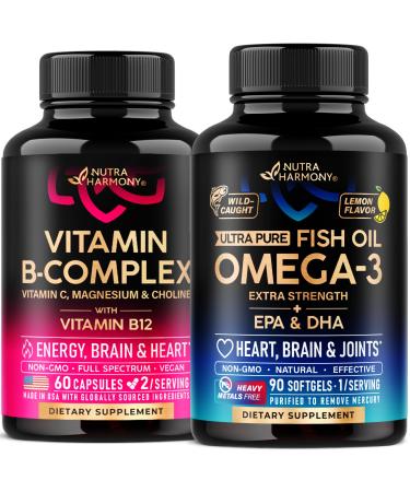 NUTRAHARMONY Vitamin B Complex Capsules & Omega 3 Fish Oil Softgels