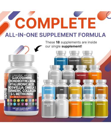 Clean Nutraceuticals Glucosamine Chondroitin MSM 1500mg with Turmeric Curcumin Collagen Hyaluronic Acid Omega 3 Joint Health Supplement for Men & Women Joint Complex 120 Count - Buy Online on GoSupps.com