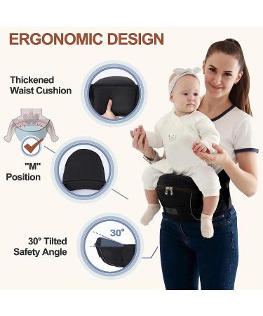 Baby Hip Carrier - Ergonomic Waist Stool for Newborn to Toddler - Soft Fabric Front Carrier with Pockets - Adjustable Waistband (Black) - Buy Online on GoSupps.com