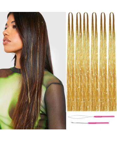 48 Inch Gold Hair Tinsel 6 Pieces Gold Hair Tinsel Heat Resistant Fairy Hair Tinsel Kit with Tool Glitter Tinsel Hair Extensions Sparkling Braiding Hair for Women Girls Festival Party Hair Accessories
