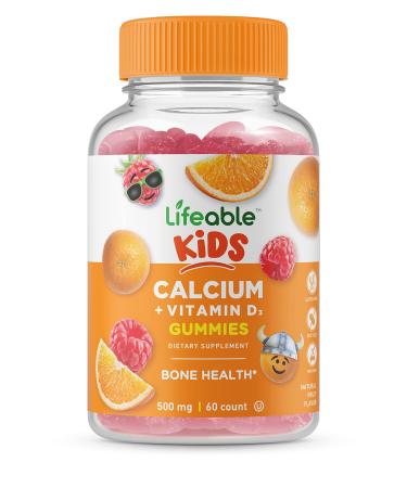 Lifeable Calcium 500 mg with Vitamin D3 1000 IU Gummies for Kids - Great Tasting Natural Flavor Vitamin Supplements - Gluten Free GMO-Free Chewable - for Bone, Groth, Teeth - for Children - 60 Gummies