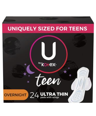 U by Kotex Teen Ultra Thin Feminine Pads with Wings Overnight Unscented 24 Count 24 Count (Pack of 1)