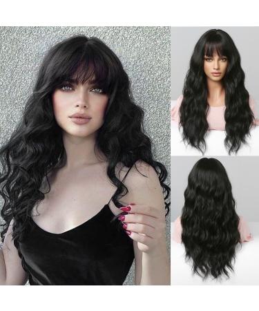 HAIRCUBE Long Black Wigs for Women Synthetic Wavy Hair Wig with Neat Fringe for Daily Black L