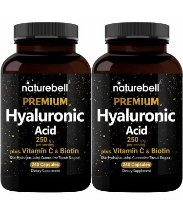NatureBell 2 Pack Plant Based Hyaluronic Acid Supplements 250mg with 25mg Vitamin C & Biotin 5000mcg 480 Total Capsules | Essential for Hair Growth Joint Support & Hydrating Skin | Non-GMO 240 Count (Pack of 2)