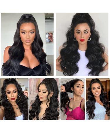 24 Inch Long Wavy Black Drawstring Ponytail Extension | Synthetic Heat Resistant Hairpiece for Women in 1B - Buy Online on GoSupps.com