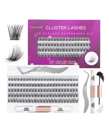 Individual Lashes 120 Cluster Lashes DIY Eyelash Extension Thin Band Wide Stem Lash Clusters with Tweezers and Lash Bond and Seal Lash Extension Kit Mix 10-16mm Length C/D Curl - OP17 120 clusters kit - OP17