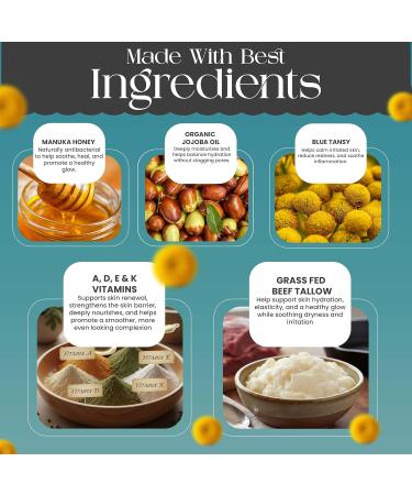 2.0 floz Grass Fed Beef Tallow and Honey Balm Blue Tansy Organic Beef Tallow Balm for Skin is Ideal for Eczema, Stretch Marks, Psoriasis, Itching Beef Tallow for Face & Body Moisturizer - Buy Online on GoSupps.com