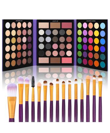 UCANBE 86 Colors Nude Eyeshadow Palette with 15pcs Makeup Brushes Set Matte Glitter Long Lasting Highly Pigmented Waterproof Colorful Eye Shadow Contour Blush Powder Highlighter All in One