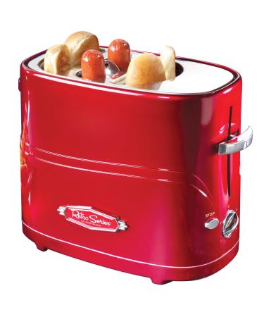 Nostalgia 2 Slot Hot Dog and Bun Toaster with Mini Tongs, Hot Dog Toaster Works with Chicken, Turkey, Veggie Links, Sausages and Brats, Retro Red Red Hot Dog Toaster