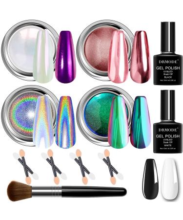 Chrome Nail Powder - White Pearl Chrome Powder for Nails  Holographic Mica Unicorn Iridescent Nail Powder  Rose Gold Mirror Effect Nail Glitter  Green Aurora Chameleon Chrome Dust Nail Art 4 jars multicolor