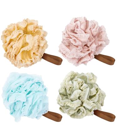 4Pack-Larger Mesh Buff Puffs Shower Bath Sponge Shower Loofahs Balls for Body Wash Bathroom Men Women- Mesh Puffs Sponges Scrubber Exfoliating for Silky Skin Full Cleanse (Lace Color)