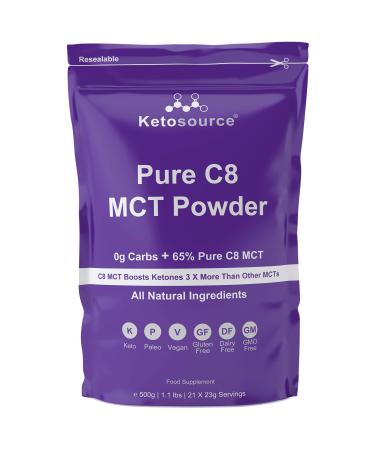 Pure C8 MCT Powder | 4X Ketone Boost Versus Other MCTs | Zero Carbs | Mixes Easily | Supports Keto & Fasting | Vegan Safe & Gluten Free | Natural Ingredients Only | Unflavoured | 500g Pouch Unflavoured 500 g (Pack of 1)