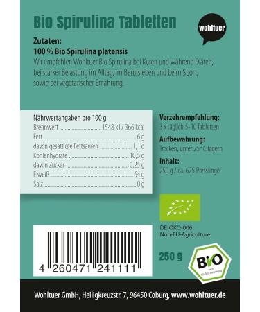  Wohltuer Wohltuer Raw food grade pressed organic spirulina (DE- KO-006) 250g - Buy Online on GoSupps.com