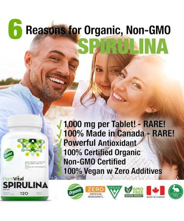 Plantvital Organic Spirulina Tablets (120 Tablets) 1000mg Per Tablet - Mega Source of Chlorophyll Protein. Vitamins/Minerals Antioxidant Rich Superfood. Vegan Non-GMO Gluten Soy Dairy Free! Made in Canada 120 count (Pack of 1) - Buy Online on GoSupps.com