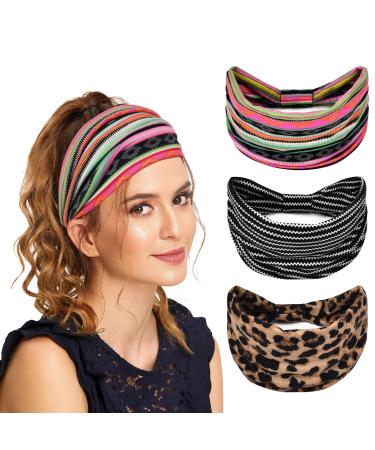 MuForu Wide Headbands for Women Boho Fashion Women s Headbands Knotted Elastic Turban Headband for Women's Hair Stretch Non Slip Headbands Hair Accessories for Sport Yoga Workout Casual 3 Pack Striped 3 Pack