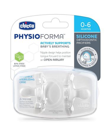 Chicco PhysioForma 100% Soft Silicone Pacifier 0-6m Clear Orthodontic Nipple BPA-Free 2-pack with Sterilizing Case - Buy Online on GoSupps.com