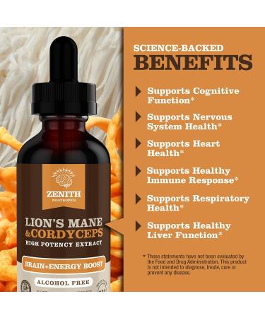 Zenith Nootropics Lion s Mane & Cordyceps Supplement Brain & Energy Support Focus Memory Clarity Immunity Vegan Alcohol-Free Tincture Up-to 2-Month Supply 2 fl oz - Buy Online on GoSupps.com