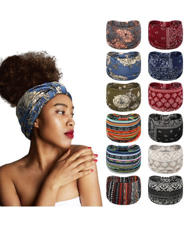 XunYee 12 Pcs 7.08 Inch Wide Boho Headbands for Women Stretch African Headbands Elastic Knotted Headband Wrap Motorcycle Hair Accessories for Women Fashion Bandeau Headbands for Yoga Workout Sport