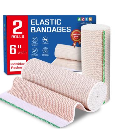 AZEN Premium 2 Pack Elastic Bandage Wrap 6 Inch Compression Wrap Bandage for Legs Ankle Knee Tummy Body Latex-Free Lymphedema Wraps for Legs