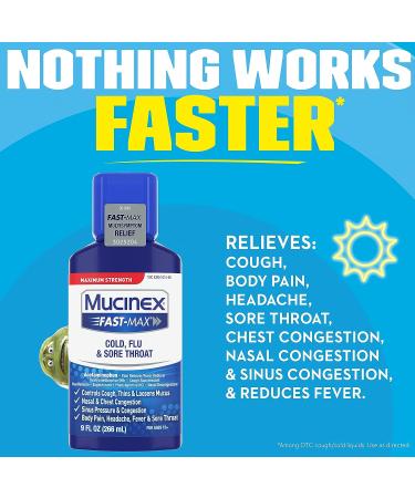 Mucinex Fast-Max Maximum Strength Cold Flu & Sore Throat Liquid 9oz - Multi-Symptom Relief for Ages 12 - Buy Online on GoSupps.com