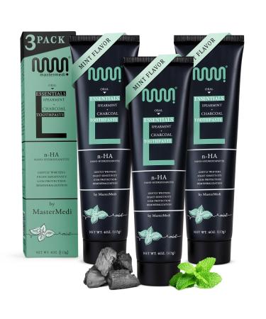 MasterMedi Nano Hydroxyapatite Whitening Toothpaste with Xylitol Charcoal & Spearmint Fluoride & SLS Free Remineralizing Formula for Sensitive Teeth Enamel Repair 4 oz (Pack of 3) Charcoal Spearmint (Pack of 3)