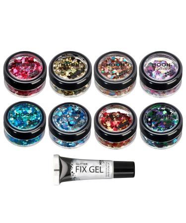 Mystics coarse -grained glitter from Moon Glitter - 100% cosmetic glitter for face body nails hair and lips - 3G - set with 8 colors