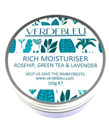 Verdebleu - 99% Natural - Facial Moisture Cream - Rosehip Green Tea Lavender. Face Moisturiser to Soothe Nourish and Hydrate Dry Skin. pH 5.5 Sensitive Skin. 100 g.