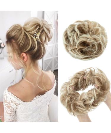 MY-LADY Messy Hair Buns Extensions Scrunchies Thick Hair Pieces Updo Wavy Curly Ponytail Donut Hair Chignons Hairpiece 55g Strawberry Blonde mix Platinum Blonde L Strawberry Blonde mix Platinum Blonde