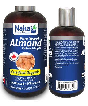 270ml (9oz) Sweet ORGANIC ALMOND Oil Cold Pressed + UV Protected Certified Organic Moisturizes Nourishes and Soothes dry skin Made in Canada Sweet Almond oil