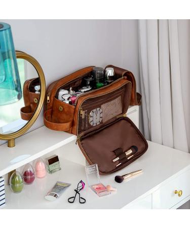 Elviros Men's Large PU Leather Toiletry Bag - Water-Resistant Travel Shaving Dopp Kit Organiser for Bathroom Toiletries - Brown Cosmetics Bag - Buy Online on GoSupps.com