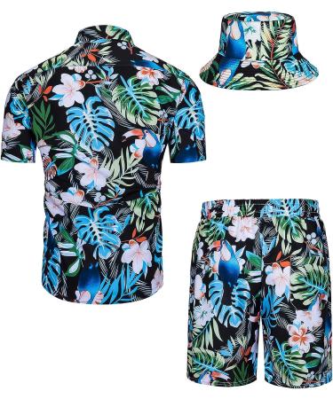 TUNEVUSE Mens Hawaiian Shirt and Shorts Set - 2 Piece Tropical Outfit with Bucket Hat | Flower Print Beach Suit in Black208 - 3X-Large - Buy Online on GoSupps.com