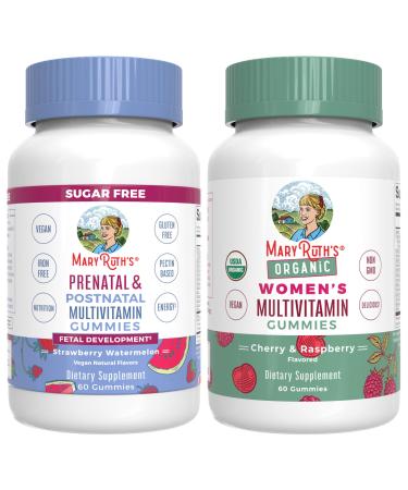 MaryRuth Organics Prenatal Postnatal Multivitamin Gummies (Strawberry) & Women's (Cherry & Raspberry) | USDA Organic | Vitamins for Breastfeeding Beauty & Immunity | Vegan No Gelatin