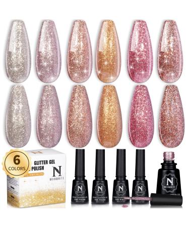 Noirwhite Gel Nail Polish Gold Glitter Gel Nail Polish Set Soak-Off UV LED 6 Colors Sparkly Gold Pink Brown Gel Polish Professional Starter Kit Salon DIY at Home Nail Art Manicure Decoration Gifts for Women Gold 1