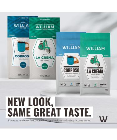 Premium Drip Organic Whole Bean Coffee Blend Discovery Gift Pack | La Crema Medium - Corposo Dark Roast | Specialty Gourmet Fairtrade Sustainably Roasted in Canada - Caf William (DISCOVER FILTER 650g (2 bags)) DISCOVER FILTER 650 g (Pack of 2) - Buy Online on GoSupps.com