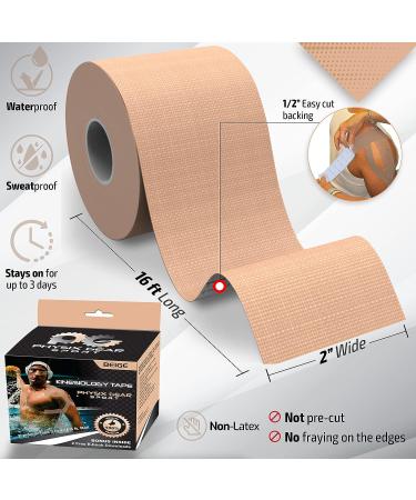 Physix Gear Sport Kinesiology Tape - Waterproof Muscle Support Adhesive - 2in x 16.4ft Roll - Injury Recovery Aid - Beige Nude (2 Pack) - Buy Online on GoSupps.com