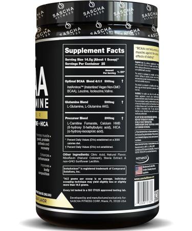 SASCHA FITNESS BCAA 4:1:1 + Glutamine  HMB L-Carnitine HICA | Powerful and Instant Powder Blend with Branched Chain Amino Acids (BCAAs) for Pre  Intra and Post-Workout | Natural PiÃ±a Colada362.5g - Buy Online on GoSupps.com